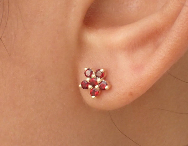 14k Gold Earring / Red Ruby Flower Earring Stud Post / Ruby Cluster Earring / Gift for Ladies / Gift Under 100 / July Birthstone Gifts