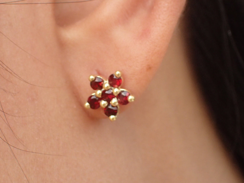Garnet Stud Earrings, Red Flower Earrings, 14k Studs Earring, Garnet Dangle, Tiny Flower Earrings, flower cluster