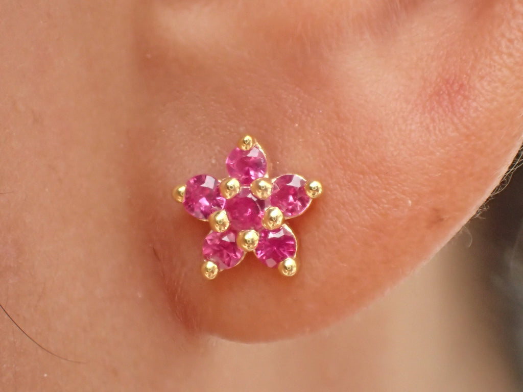 14k Rose Gold Earring- Flower Earring Stud Post Pink Sapphire- Cluster Earring- Gift for Ladies- Gift Under 100- September Birthstone Gifts