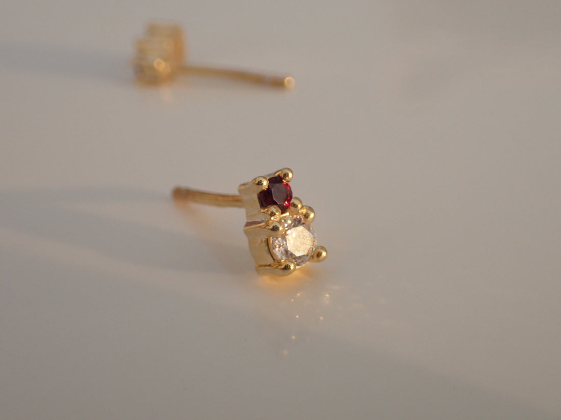 Alternate Ruby Sapphire Earrings, Two Stones Earring, 14k Gold Earrings, Ruby Stud Earrings, sapphire studs