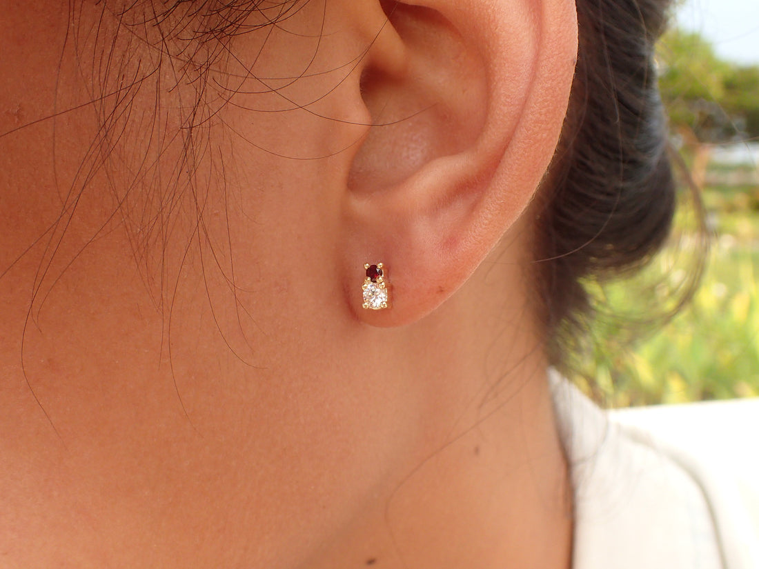 Alternate Ruby Sapphire Earrings, Two Stones Earring, 14k Gold Earrings, Ruby Stud Earrings, sapphire studs