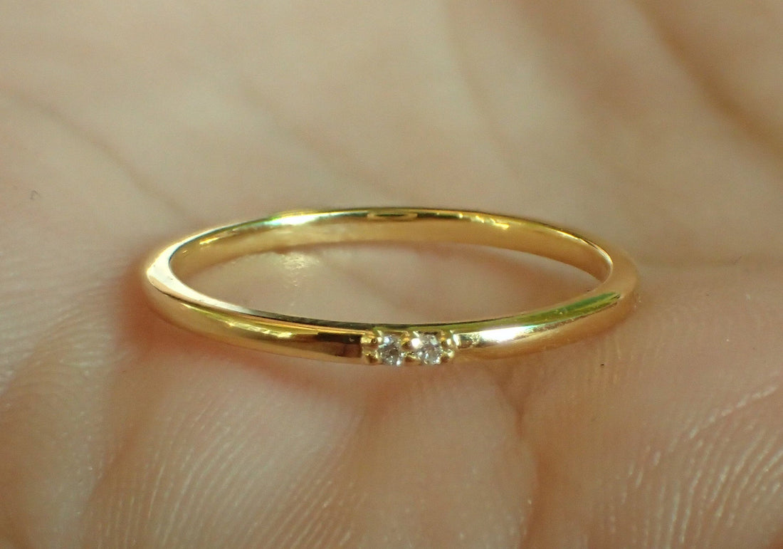 2 Stone Diamond Wedding Band / Thin Wedding Ring / 14k Gold Diamond Stackable Ring / Micro Pave Diamond Band / Promise Ring