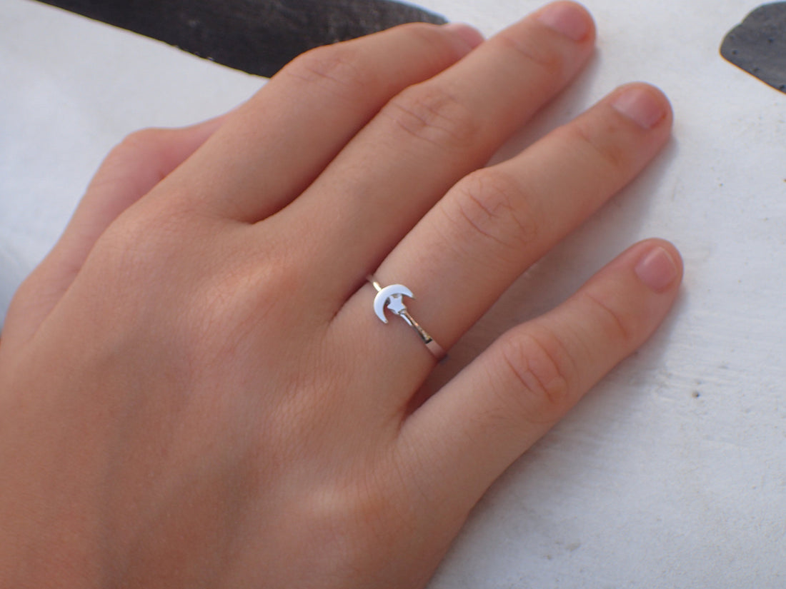 Moon and Star Ring / Sterling Silver Moon Ring / Adjustable Ring / 10k, 14k White Gold or Silver Moon and Star Ring / Promise Ring