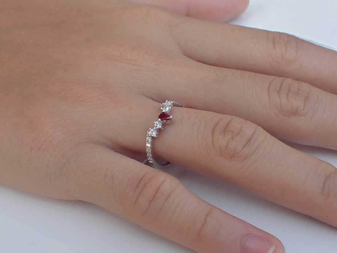 Ruby Curved Wedding Band with White Sapphire for Matching with Center Stone Engagement Ring Wrap