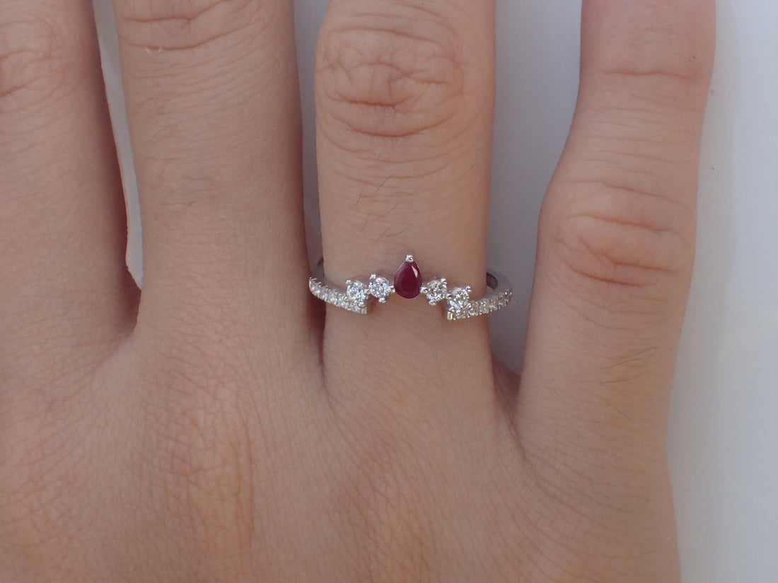 Ruby Curved Wedding Band with White Sapphire for Matching with Center Stone Engagement Ring Wrap