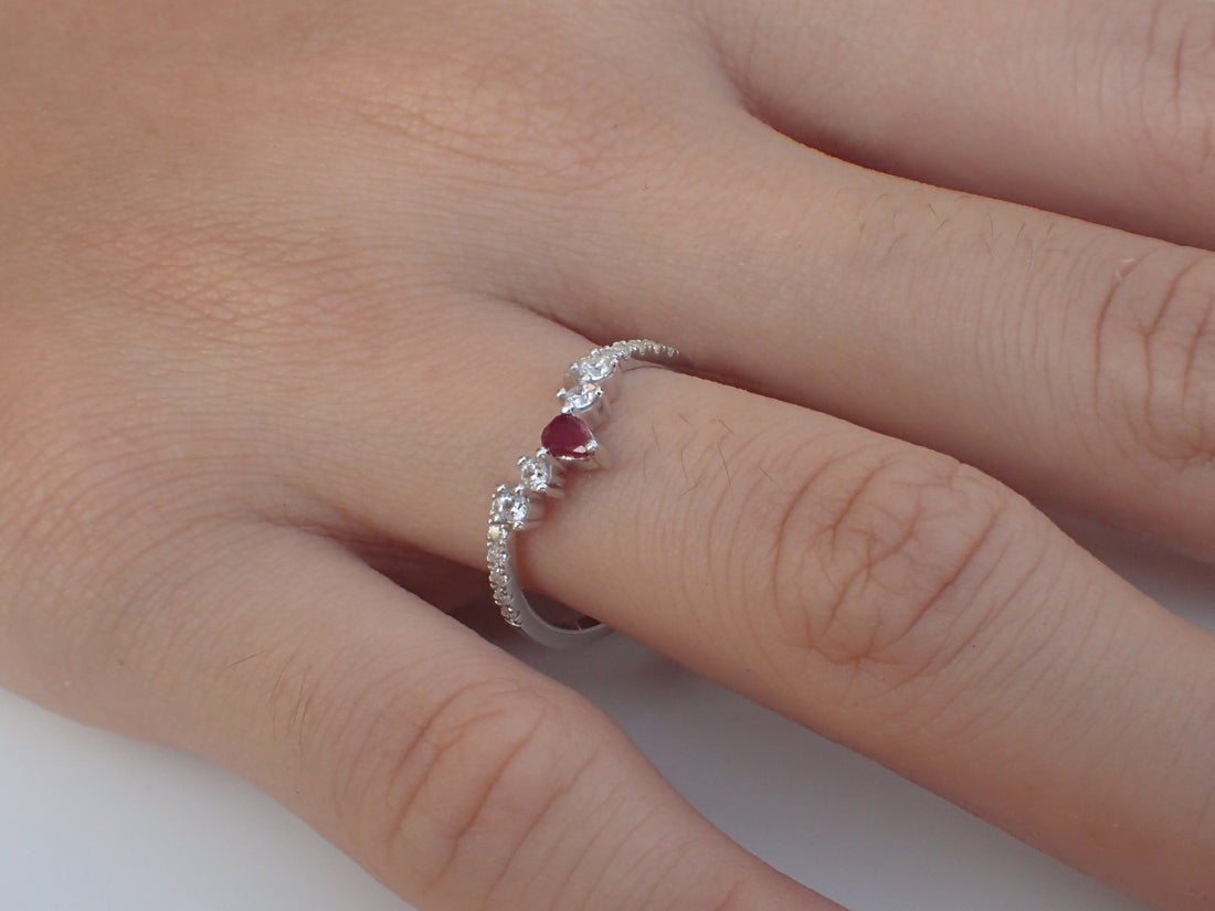 Ruby Curved Wedding Band with White Sapphire for Matching with Center Stone Engagement Ring Wrap