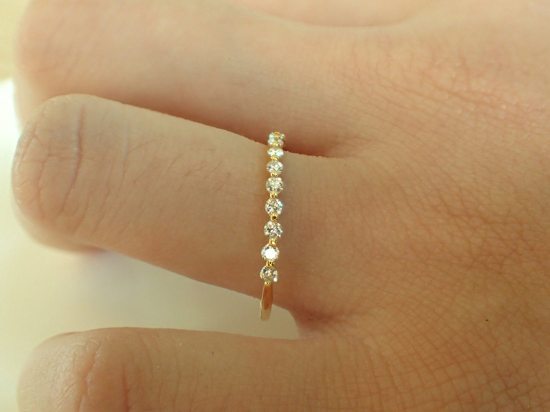 1.5mm Single Prong Moissanite Wedding Band, Solid Gold Half Eternity Floating Band, Delicate Moissanite Stackable Band