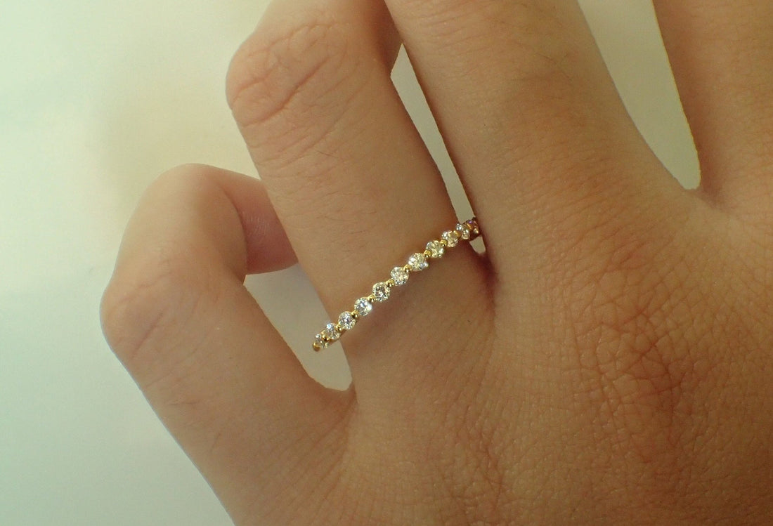 1.5mm Single Prong Moissanite Wedding Band, Solid Gold Half Eternity Floating Band, Delicate Moissanite Stackable Band
