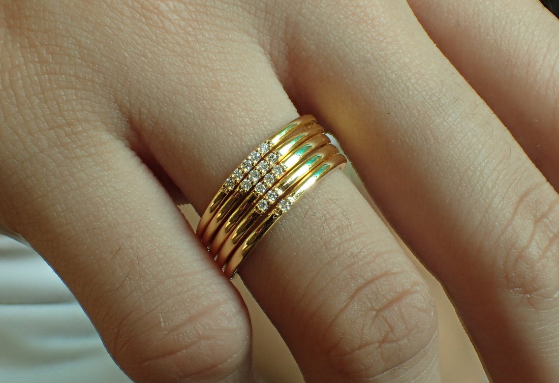 2 Stone Diamond Wedding Band / Thin Wedding Ring / 14k Gold Diamond Stackable Ring / Micro Pave Diamond Band / Promise Ring