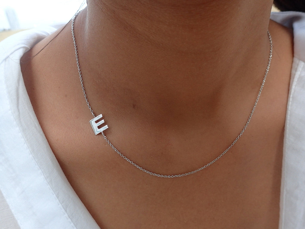 14k Gold Initial Necklace Asymmetric, Personalized Initial Letter Necklace, Sideways Initial Necklace