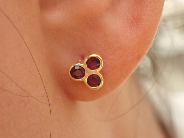 Garnet Earrings / 14k Rose Gold Tri Stone Earrings / Garnet Stud Earrings / Trinity Cluster Earrings / January Birthstone Gift