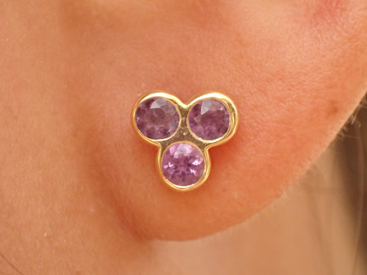 Triple Stone Earring, Amethyst Studs, Bezel Set Amethyst, 14k Stud Earring, Raw Amethyst Studs, Bezel Set Earring