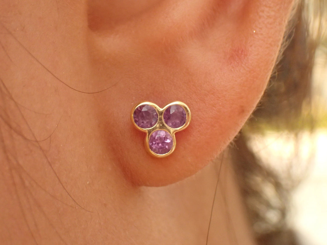 Triple Stone Earring, Amethyst Studs, Bezel Set Amethyst, 14k Stud Earring, Raw Amethyst Studs, Bezel Set Earring