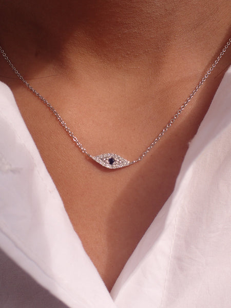 Sapphire Diamond Evil Eye 14k White Gold Necklace Gift Item - Diamond Necklace Gift - Diamond Pendant Necklace
