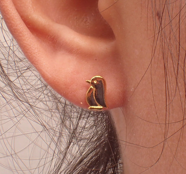 14k Penguin Earring, Yellow Gold Penguin Earring Gifts for Her, Tiny Penguin Stud Earring Gifts