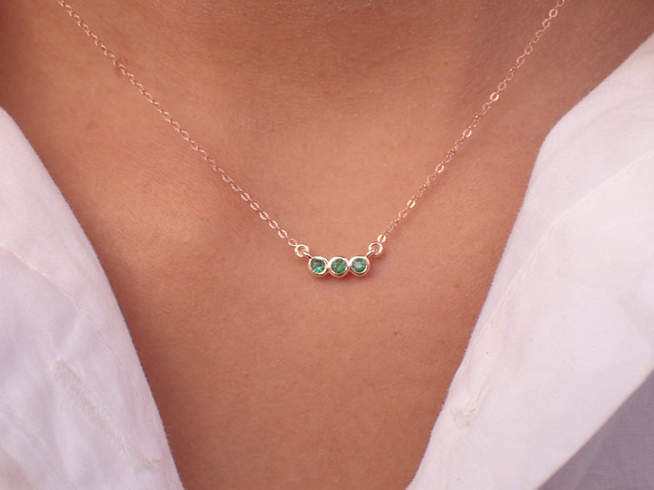 Three Stone Emerald Necklace 14k Chain - May Birthstone Month Gift