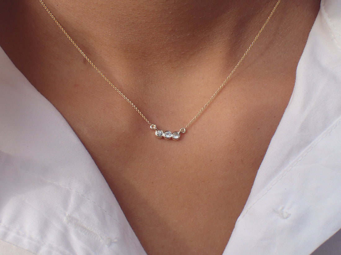 Three Stone White Sapphire Necklace Chain 14k Solid Gold - September Birthstone Gift