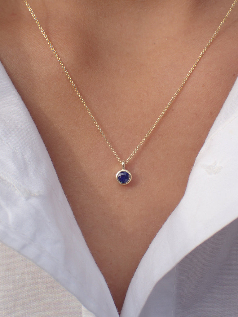 Blue Sapphire Necklace Pendant,14k Solid Gold  Bezel Set Necklace, September Necklace, Round Drop Necklace, Dark Blue Necklace
