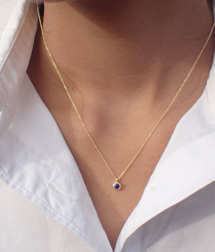 Blue Sapphire Necklace Pendant,14k Solid Gold  Bezel Set Necklace, September Necklace, Round Drop Necklace, Dark Blue Necklace