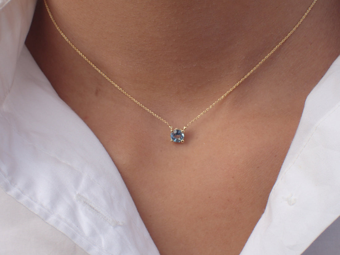 London Blue Topaz Necklace Gift for Her, 14k Solid Gold Prong Set Necklace, November Birthstone Necklace Gift for Anyone