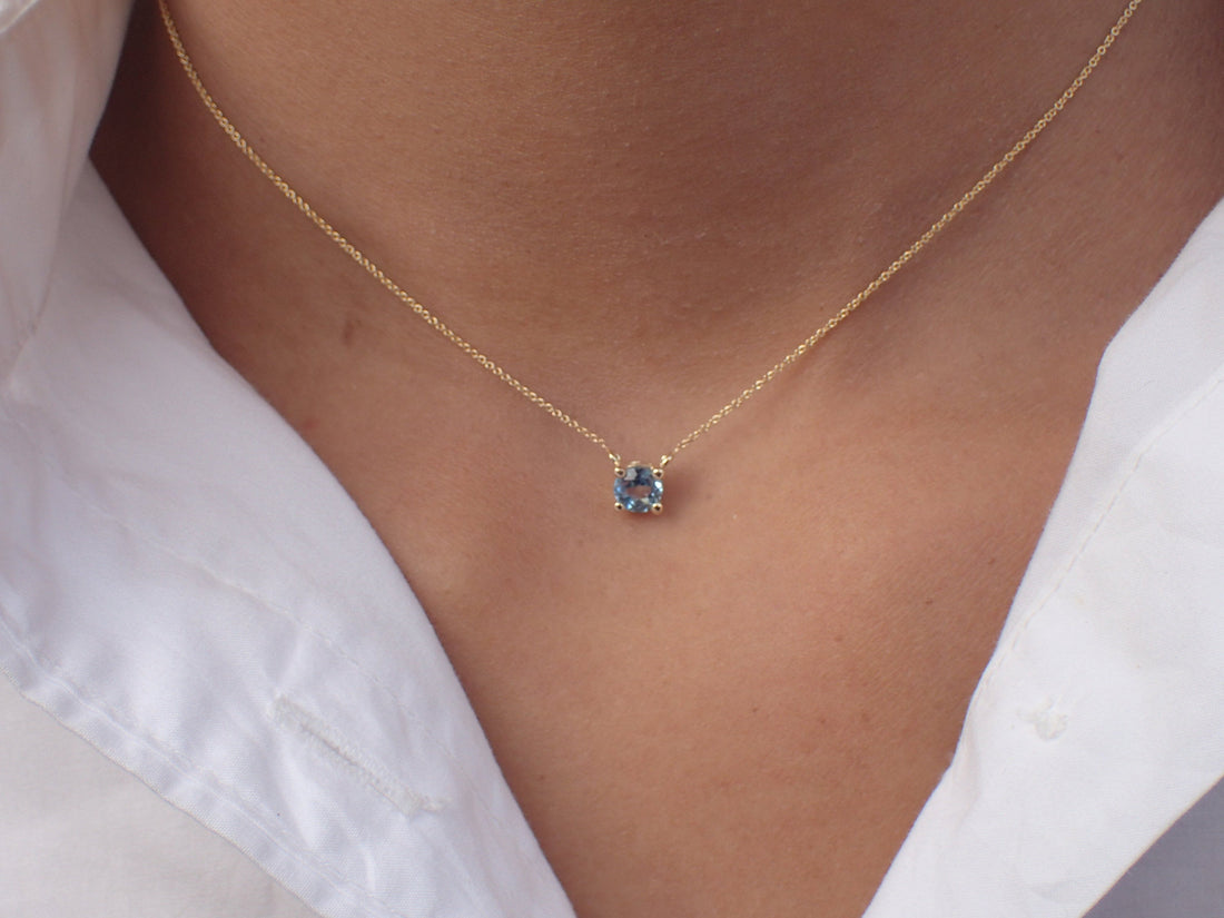 0.14ct London Blue Topaz Solitaire 14k Solid Gold Necklace Pendant - December Birthstone Month Gift