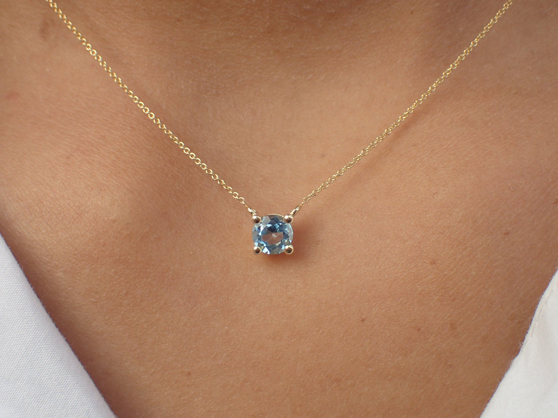 London Blue Topaz Necklace Gift for Her, 14k Solid Gold Prong Set Necklace, November Birthstone Necklace Gift for Anyone