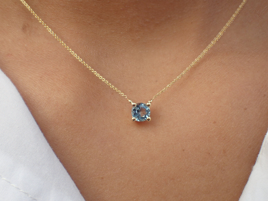 London Blue Topaz Necklace Gift for Her, 14k Solid Gold Prong Set Necklace, November Birthstone Necklace Gift for Anyone