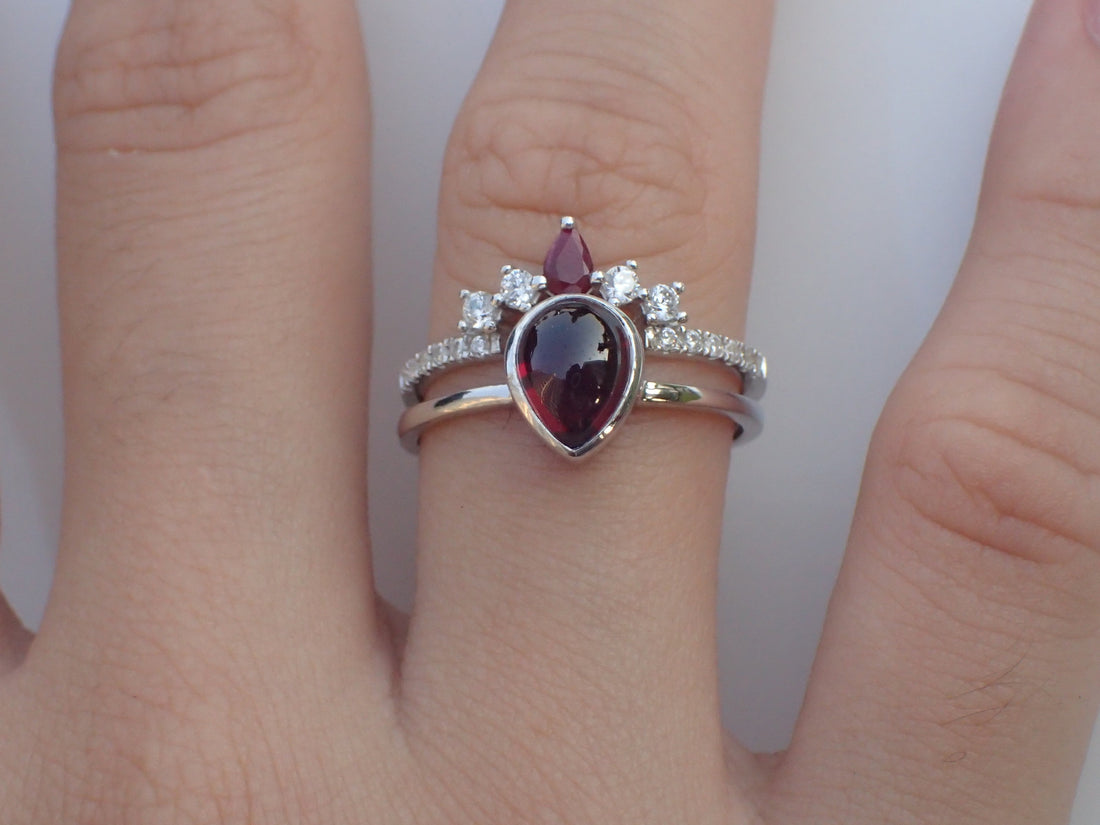 Ruby Curved Wedding Band with White Sapphire for Matching with Center Stone Engagement Ring Wrap