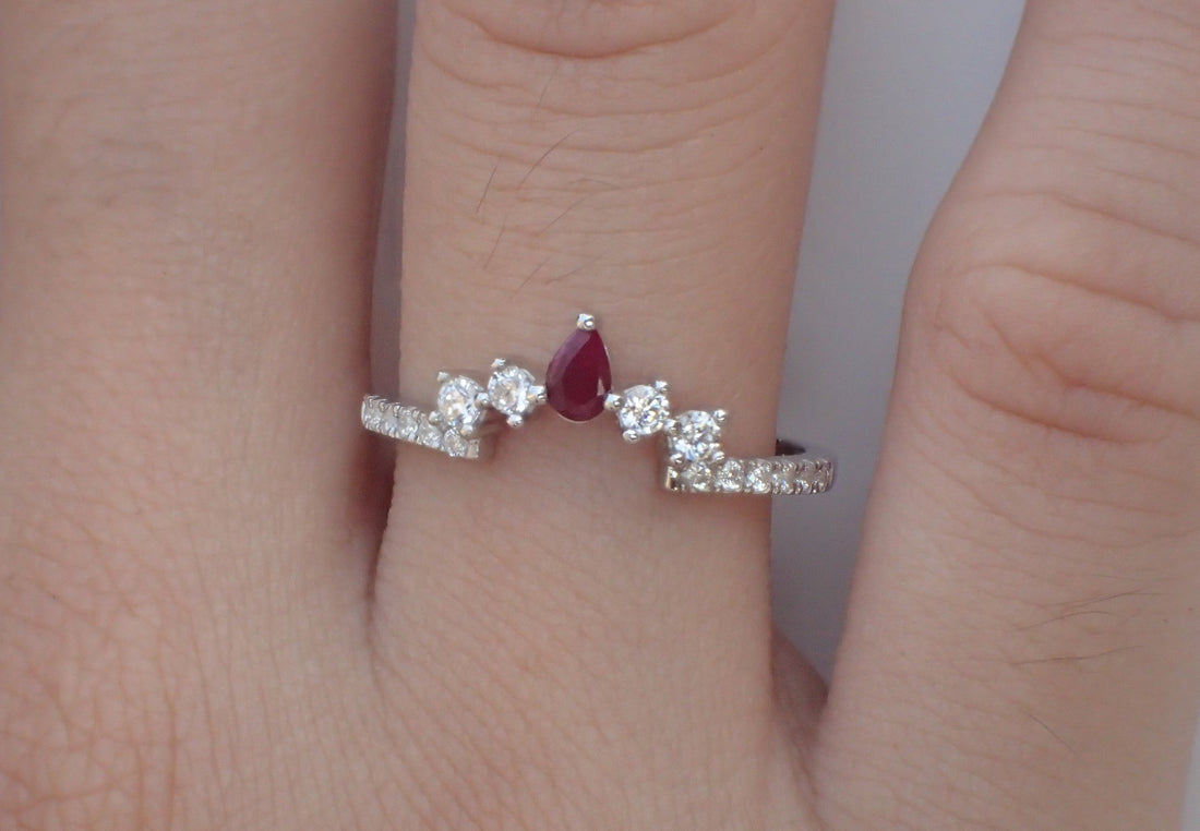 Ruby Curved Wedding Band with White Sapphire for Matching with Center Stone Engagement Ring Wrap