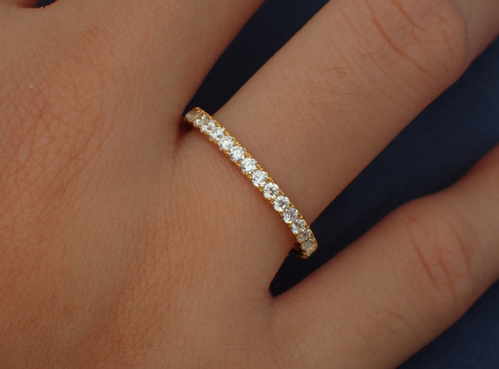 Full Eternity Moissanite Wedding Band, 14k Gold Eternity Thin Dainty Band, Micro Pave Band Stacking Ring