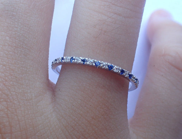 Alternating Blue Sapphire and Diamond Wedding Band - White Gold Half Eternity Minimalist Band - Blue Sapphires Band