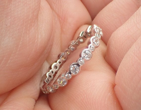 White Sapphire Bezel Set Ring, 14k Gold Full Eternity Band, Delicate September Birthstone Band