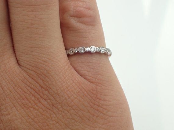 White Sapphire Bezel Set Ring, 14k Gold Full Eternity Band, Delicate September Birthstone Band