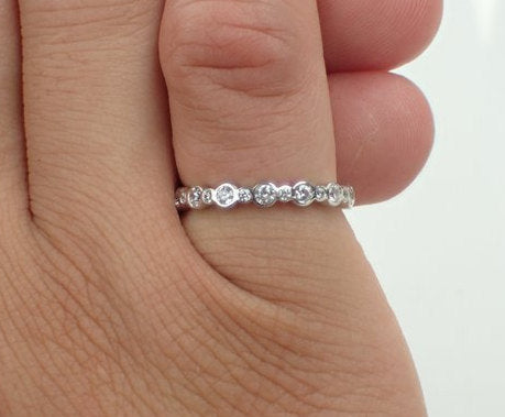 White Sapphire Bezel Set Ring, 14k Gold Full Eternity Band, Delicate September Birthstone Band