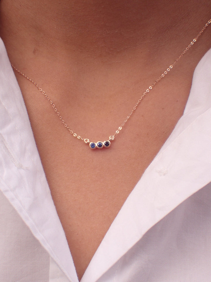 Three Stone Sapphire Bezel Set Necklace, Tri Stone Necklace, 14k Gold Bezel Set, September Necklace, Gold Filled Sapphire