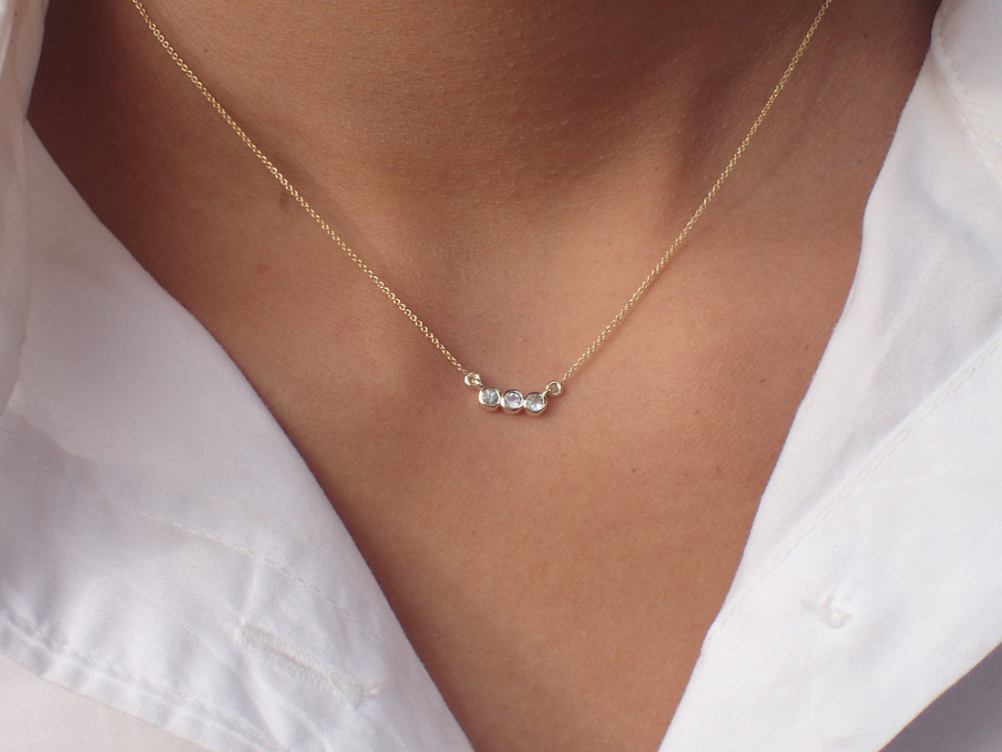 Three Stone White Sapphire Necklace Chain 14k Solid Gold - September Birthstone Gift