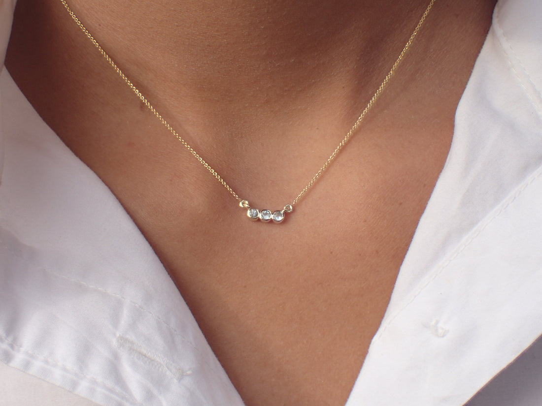 Three Stone White Sapphire Necklace Chain 14k Solid Gold - September Birthstone Gift