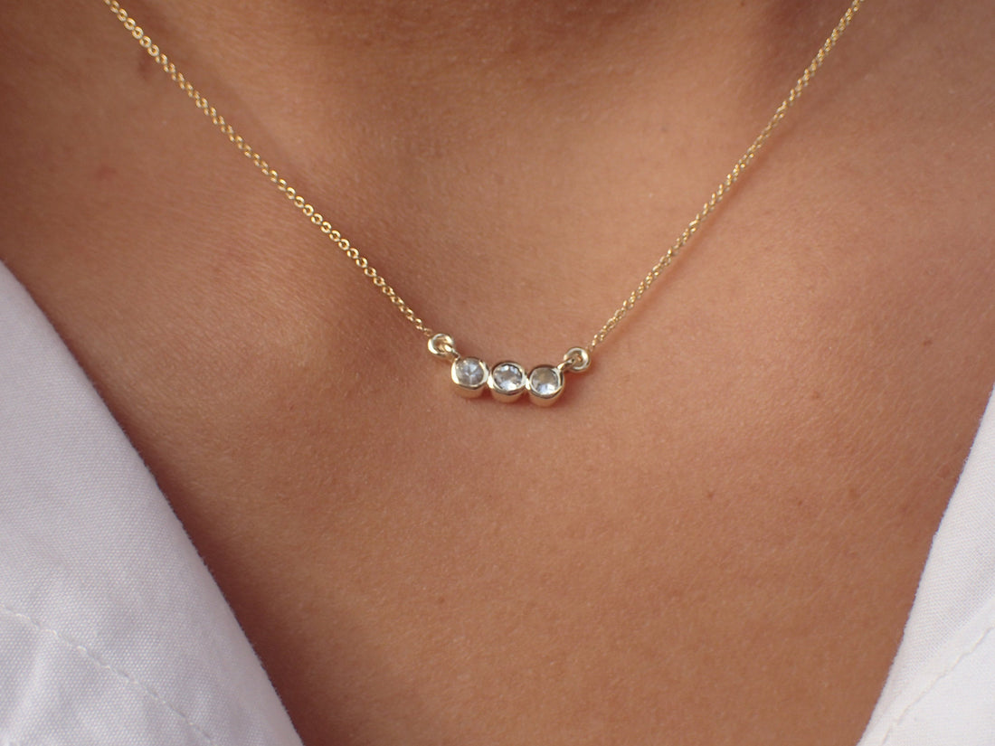 Three Stone White Sapphire Necklace Chain 14k Solid Gold - September Birthstone Gift
