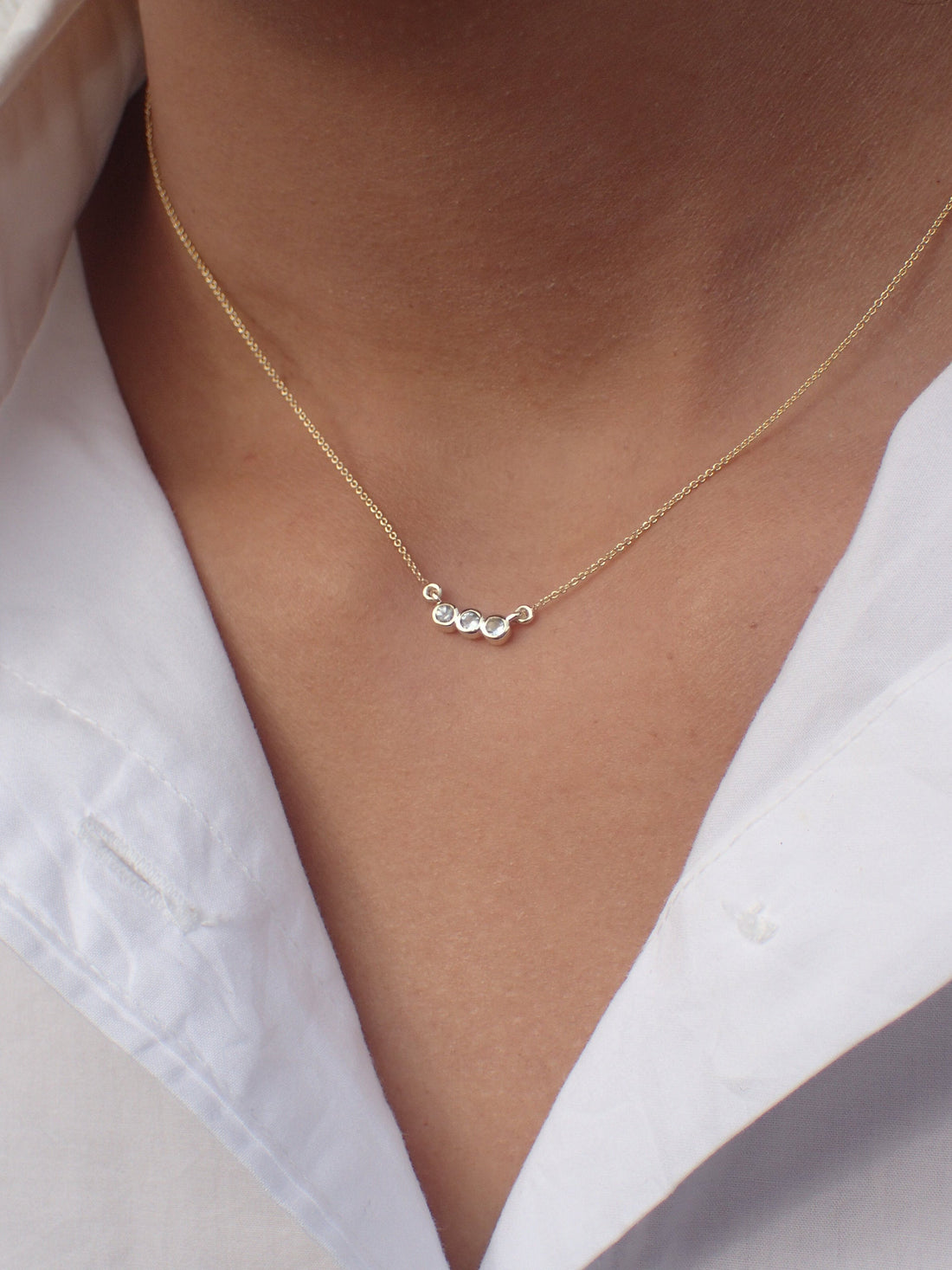 Three Stone White Sapphire Necklace Chain 14k Solid Gold - September Birthstone Gift