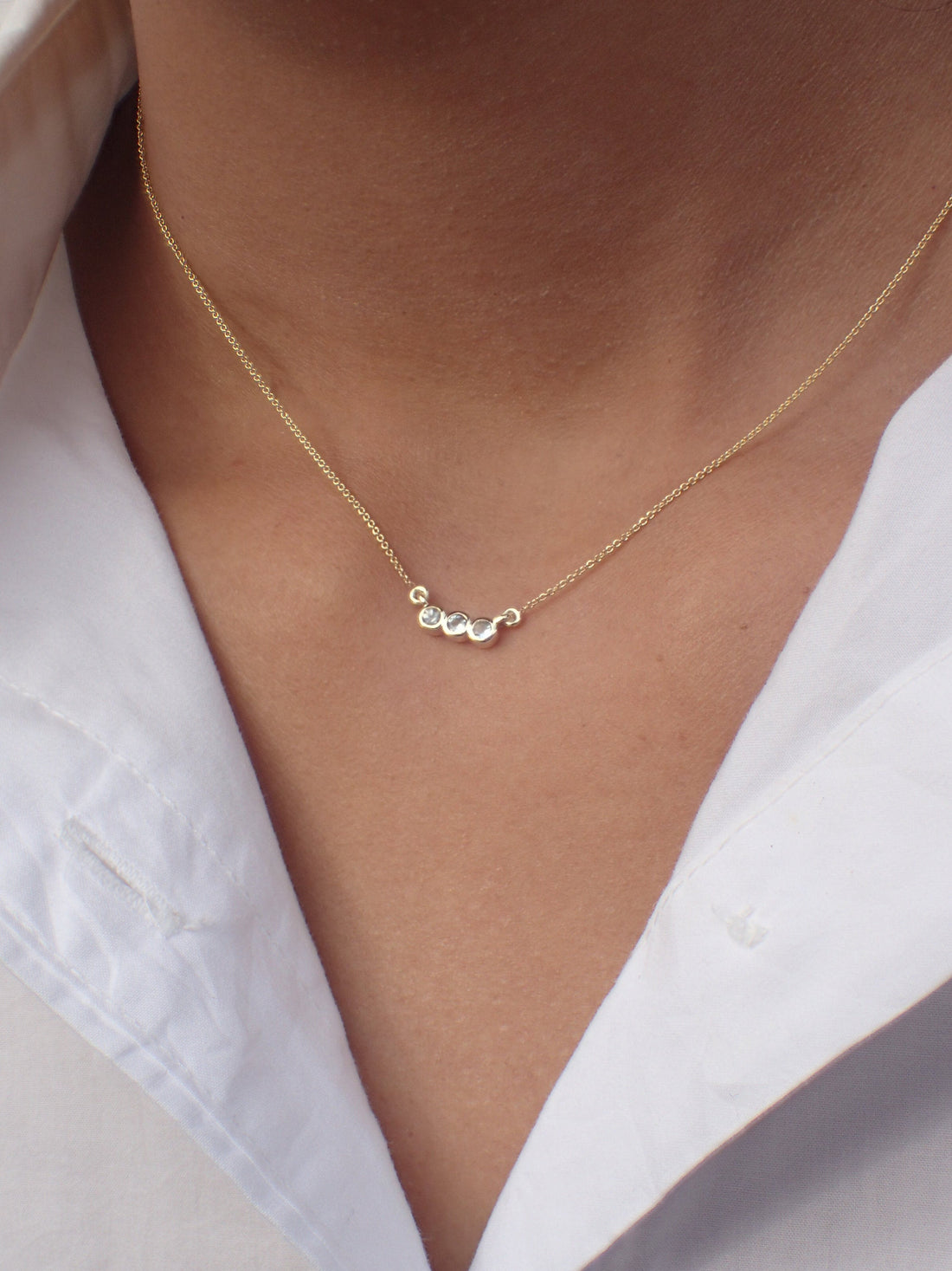 Three Stone White Sapphire Necklace Chain 14k Solid Gold - September Birthstone Gift
