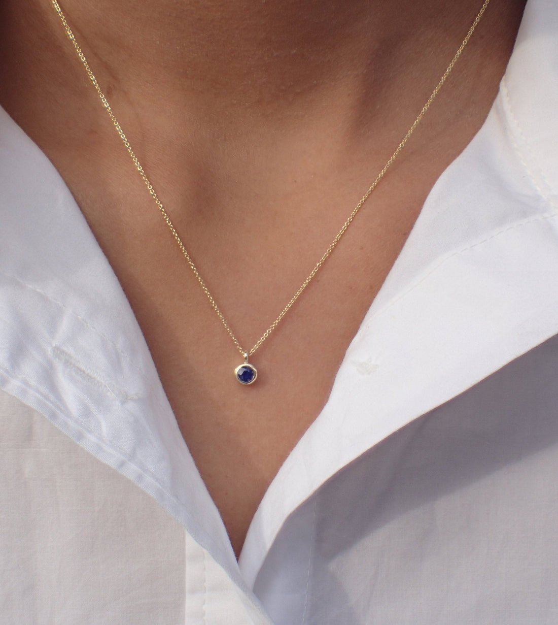 Blue Sapphire Necklace Gift for Her, 14k Solid Gold Bezel Set Necklace, 3.25mm Blue Sapphire Necklace