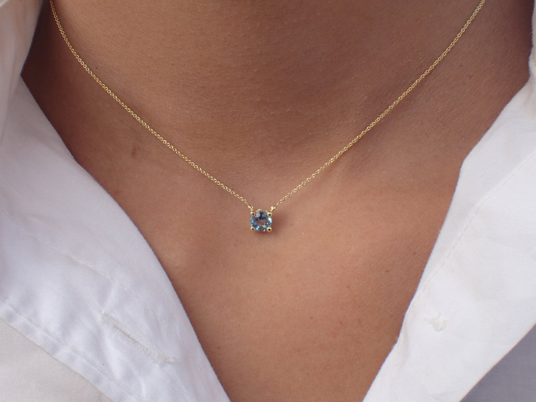 London Blue Topaz Necklace Gift for Her, 14k Solid Gold Prong Set Necklace, November Birthstone Necklace Gift for Anyone