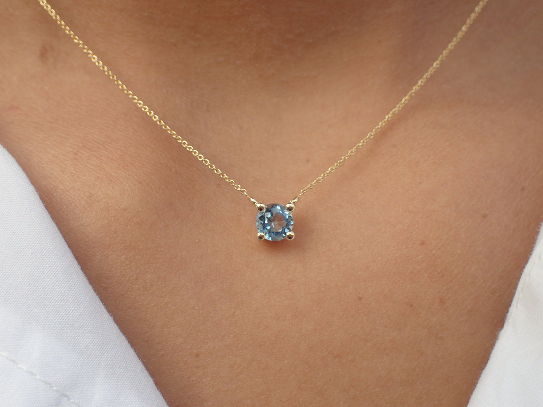 London Blue Topaz Necklace Gift for Her, 14k Solid Gold Prong Set Necklace, November Birthstone Necklace Gift for Anyone