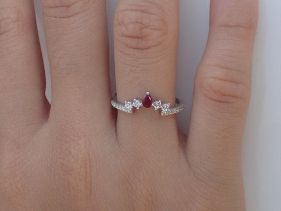 Curved Ring Enhancer, Engagement Ring Enhancer, Curved Chevron Wedding Band, Diamond Garnet Curved Ring