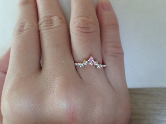 Curved Ring Enhancer, Engagement Ring Enhancer, Curved Chevron Platinum Wedding Band, Diamond Pink Sapphire Curved Ring