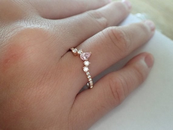 Curved Ring Enhancer, Engagement Ring Enhancer, Curved Chevron Platinum Wedding Band, Diamond Pink Sapphire Curved Ring