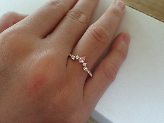 Curved Ring Enhancer, Engagement Ring Enhancer, Curved Chevron Platinum Wedding Band, Diamond Pink Sapphire Curved Ring