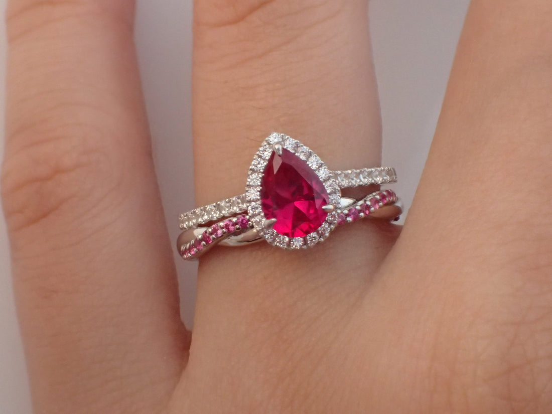 Wedding Ring Set Lab-Grown Ruby White Sapphire Sides Accent Gemstone -Twisted Rope Ruby Wedding Band and Engagement Ring