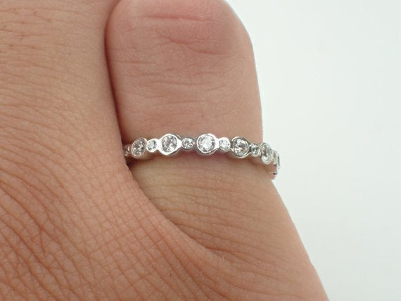 Moissanite Bezel Set Ring, 14k Solid Gold Full Eternity Band, Delicate Moissanite Wedding Band, Platinum 950 Wedding Band