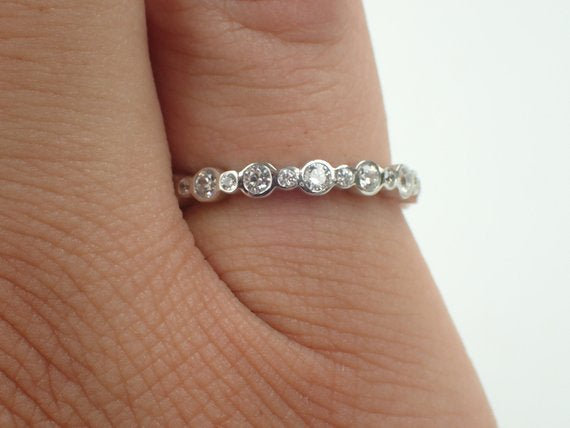 White Sapphire Bezel Set Ring, 14k Gold Full Eternity Band, Delicate September Birthstone Band